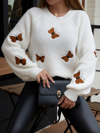 Pull femme tricoté papillons brodés manches longues - Blanc ou Noir