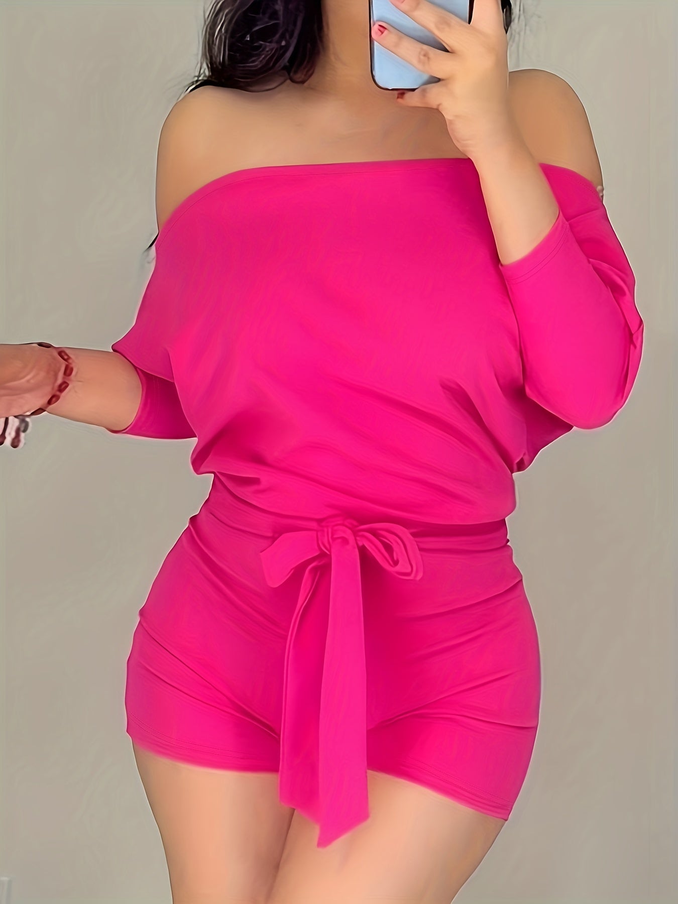 Combinaison Short Décontractée Femme Style Bardot à Manches Longues pour Été
