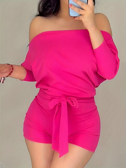 Combinaison Short Décontractée Femme Style Bardot à Manches Longues pour Été