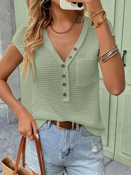 Casual short-sleeve Henley top for women, chic and textured style, perfect for everyday wear