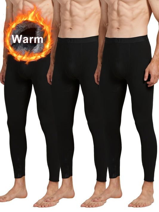 Lot de 3 caleçons longs thermiques pour homme – Bas de sous-vêtement chaud, couleur unie