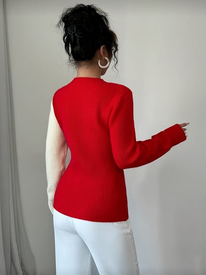 Pull femme bicolore côtelé à motif cœur, col montant, manches longues