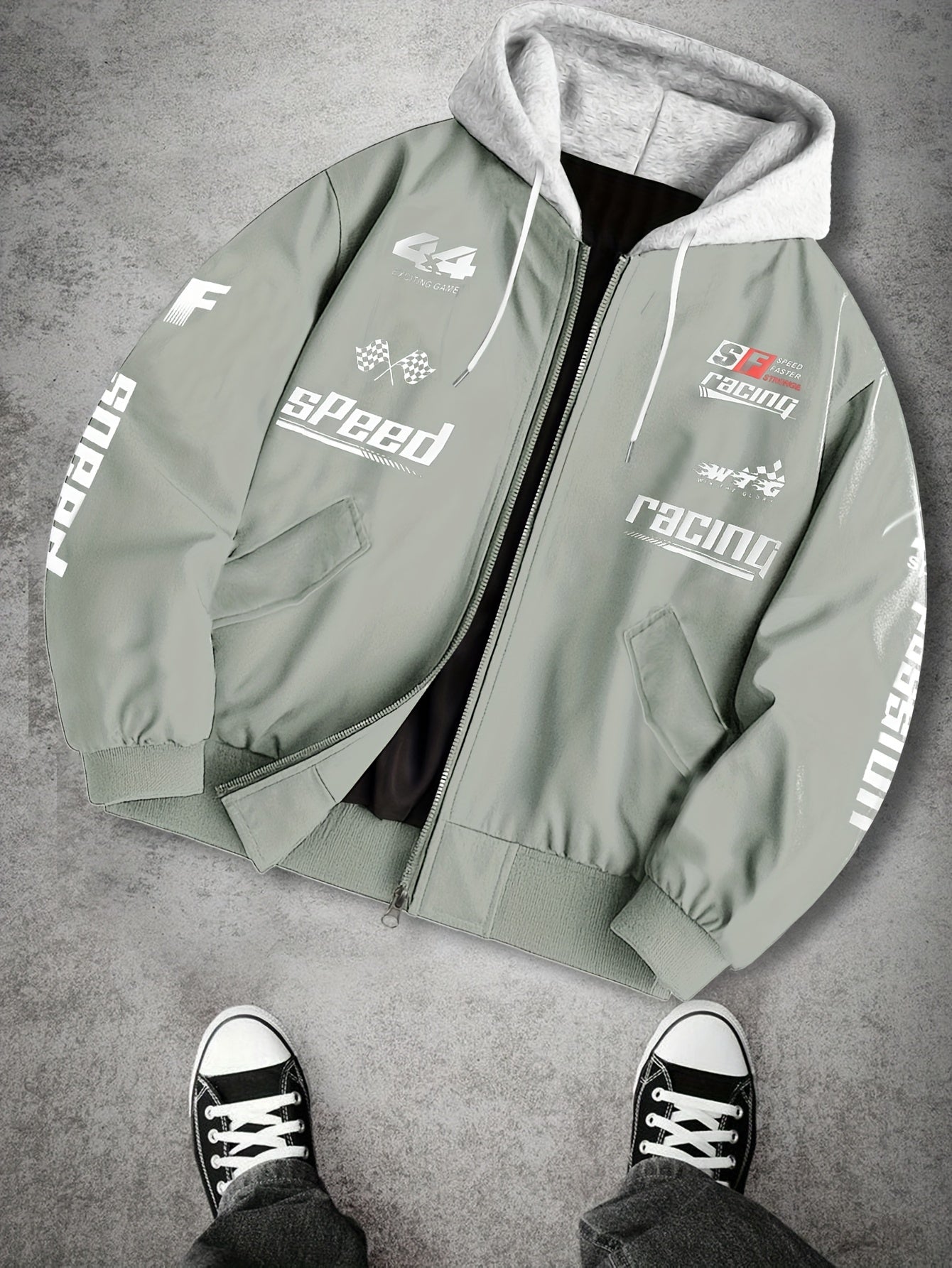 Blouson Bomber Homme Capuche Amovible Zippé avec Imprimés Racing Vert Clair