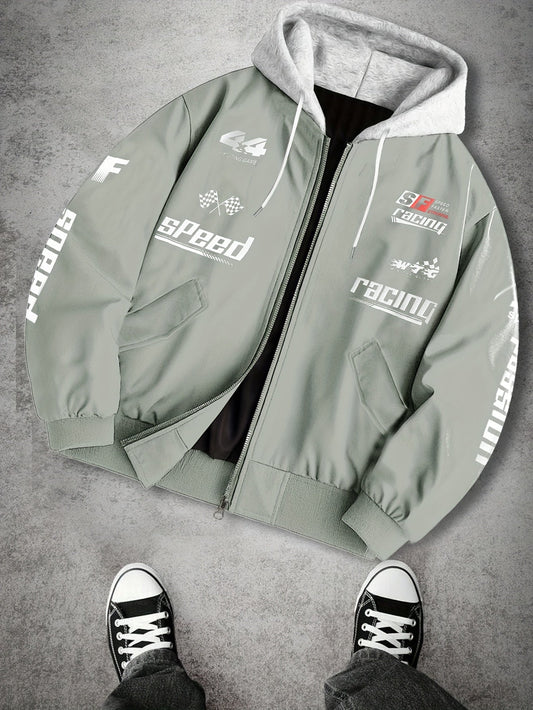 Blouson Bomber Homme Capuche Amovible Zippé avec Imprimés Racing Vert Clair
