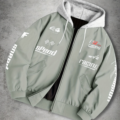 Blouson Bomber Homme Capuche Amovible Zippé avec Imprimés Racing Vert Clair