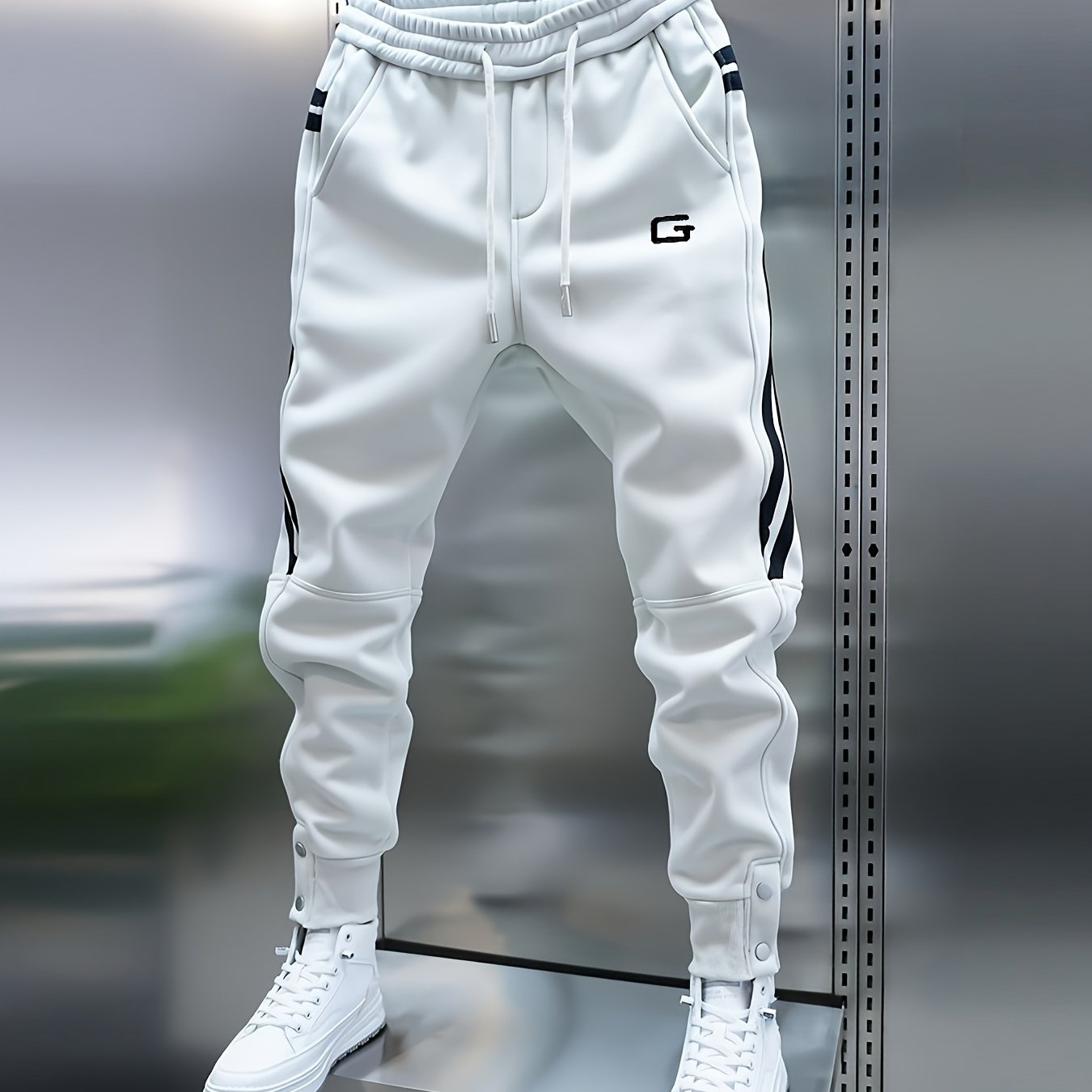 Pantalon de jogging homme avec cordon de serrage, rayures latérales et boutons pression, coupe fuselée