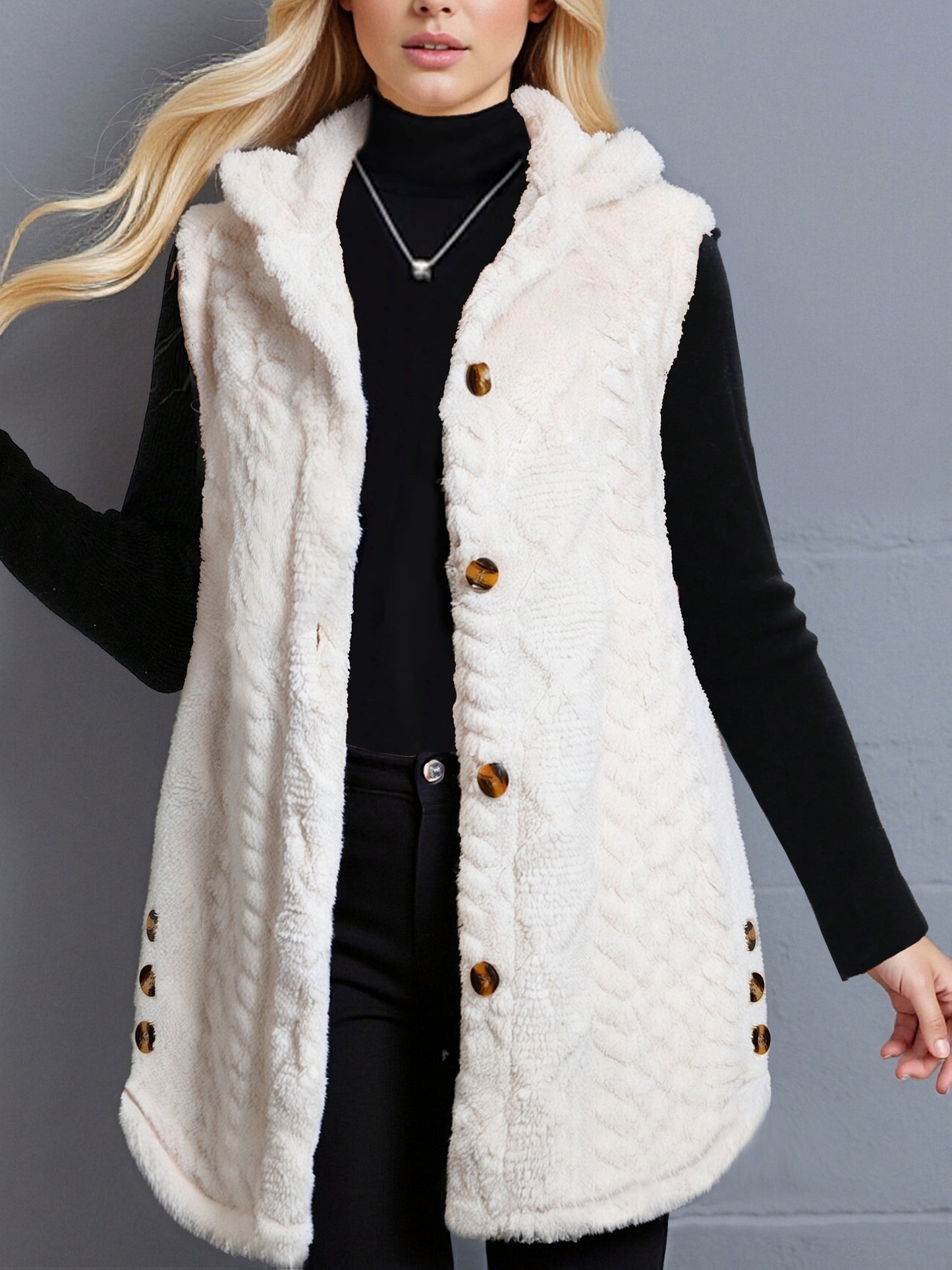 Gilet sans manches à capuche doux texture chevronné couleur crème
