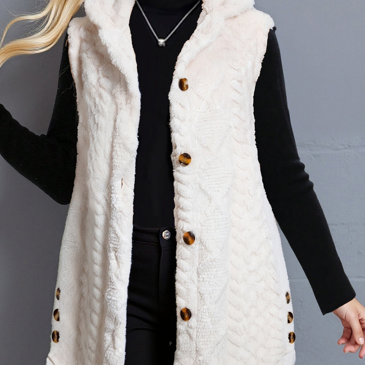 Gilet sans manches à capuche doux texture chevronné couleur crème