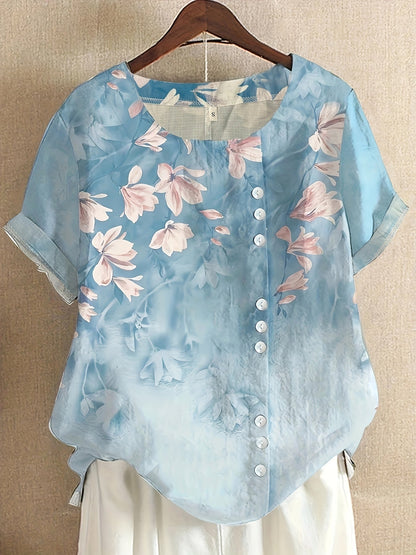 Blouse femme style vintage à fleurs imprimées avec boutons – Élégance décontractée pour l'été