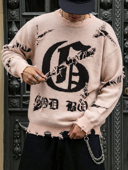 Pull homme gris déchiré oversize avec motif graphique