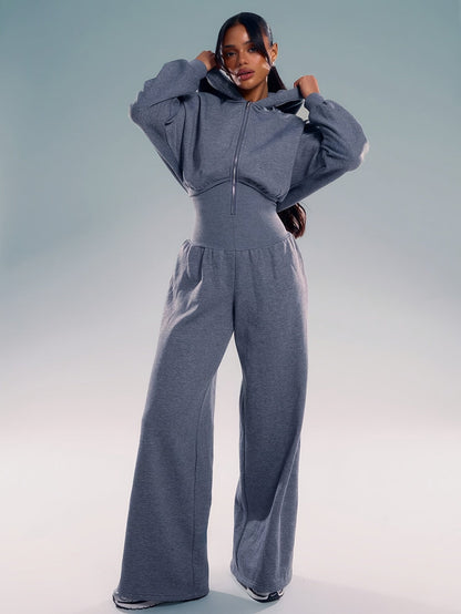 Combinaison pantalon femme à capuche, ample, taille marquée, fermeture éclair, couleurs variées