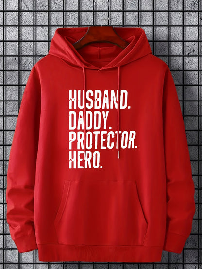 Herrtröja med huva och tryck - HUSBAND DADDY PROTECTOR HERO - Avslappnad stil Perfekt present