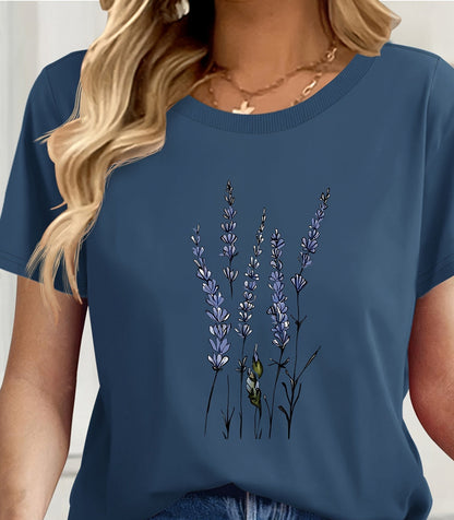 Dames T-shirt Casual Stijl met Wildbloemenpatroon Botanische Illustratie