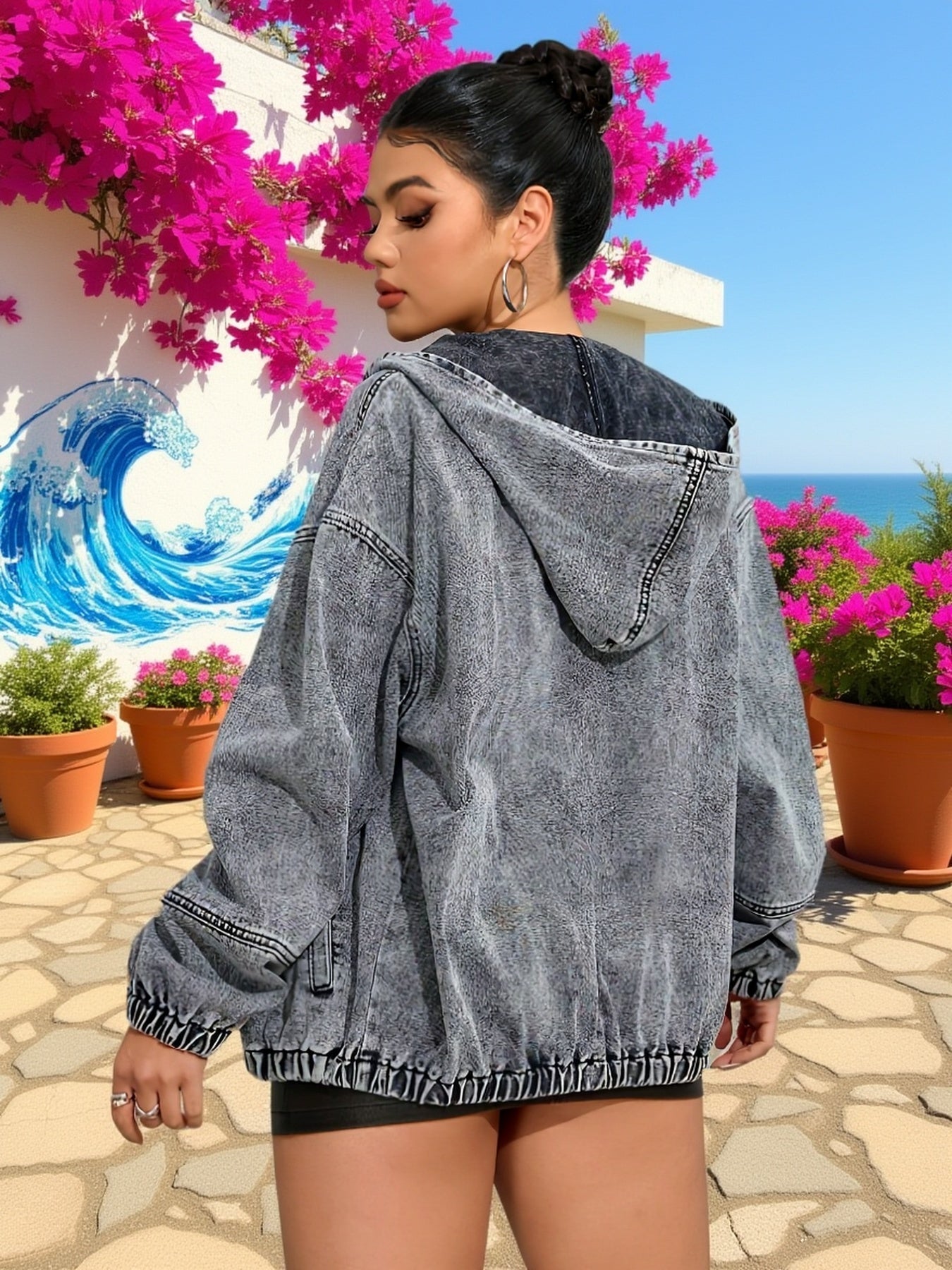 Veste à capuche femme gris délavé avec fermeture éclair