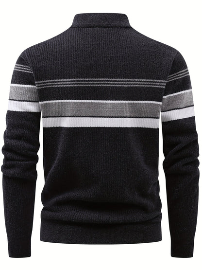 Pull Homme Col Montant Zippé Rayures Horizontales Beige Chaud