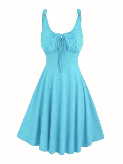 Lässiges Damenkleid mit Ausschnitt und Ösen-Trägern, ausgestellter Frühling-Sommer-Stil  