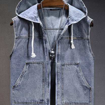 Veste sans manches à capuche pour homme en denim noir délavé