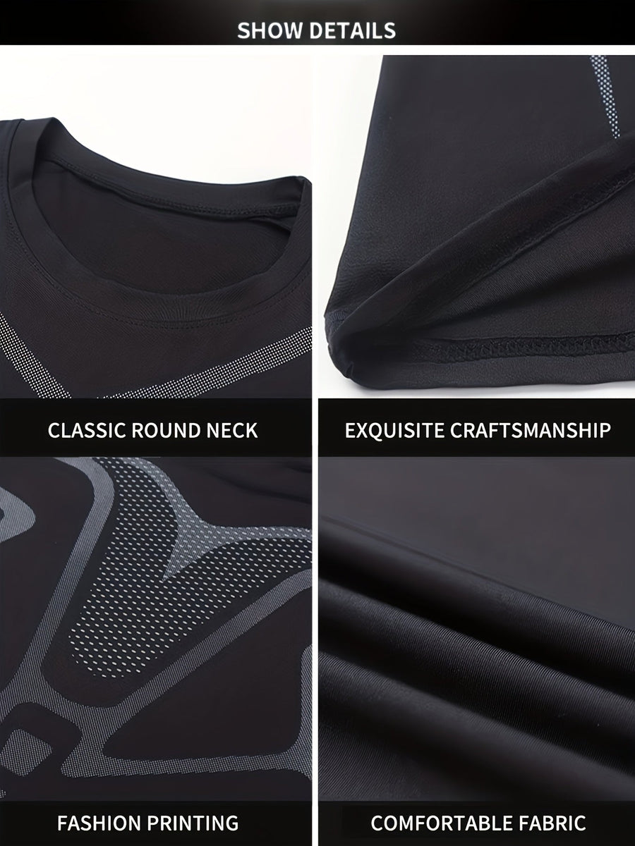 Ensemble Sport Homme 2 Pièces Noir Manches Longues et Pantalon de Compression avec Détails Graphiques