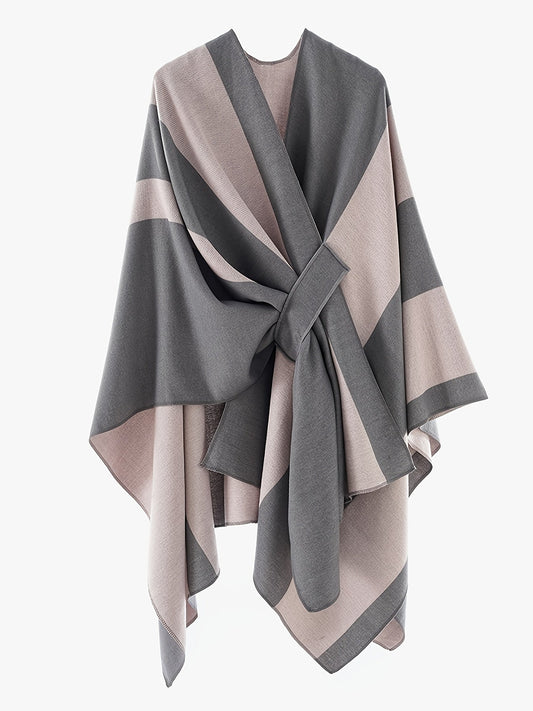 Poncho Cape Femme Rayé Bicolore avec Nœud Décoratif Doux