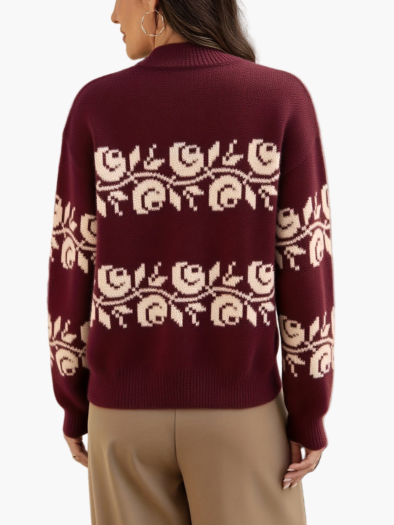 Elegante gebloemde jacquard trui voor dames, herfst-winter stijl, lange mouwen
