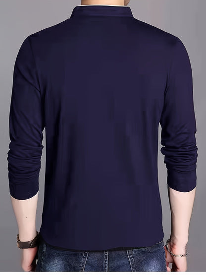 T-shirt Polo Homme Manches Longues Col Mao Rouge Bordeaux