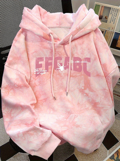 Sweat à Capuche Rose Tie-Dye pour Femme avec Imprimé Araignée et Inscriptions