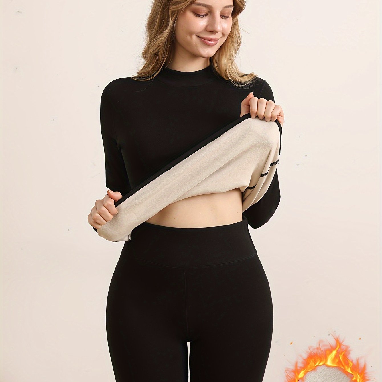 Ensemble thermique Femme col montant haut et legging doublé polaire coupe ajustée