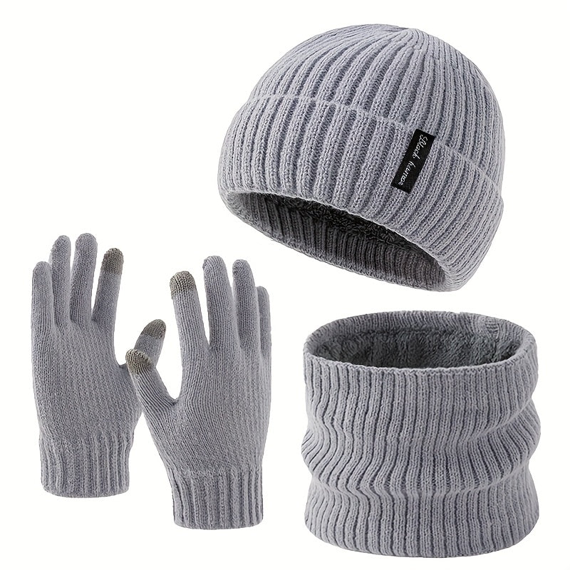 Ensemble Bonnet Écharpe Tour de Cou et Gants Unisexe Tricot Doublé Polaire Hiver