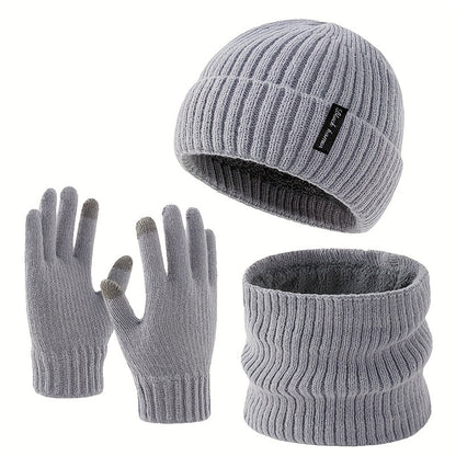 Ensemble Bonnet Écharpe Tour de Cou et Gants Unisexe Tricot Doublé Polaire Hiver