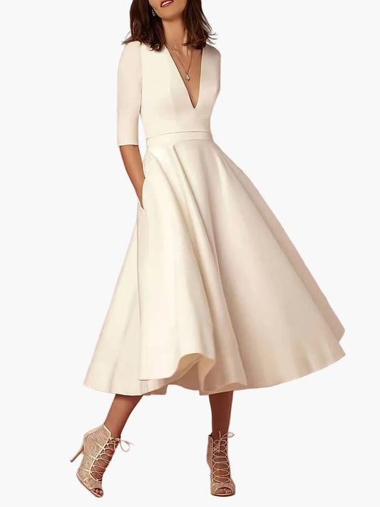 Robe midi élégante femme à col en V et manches 3/4 – Idéale pour les événements et réceptions