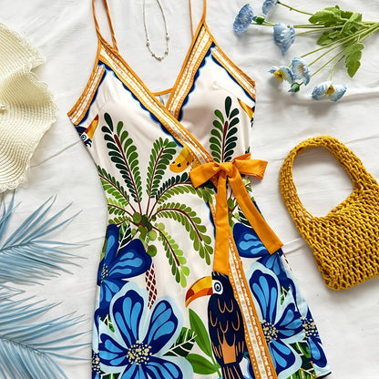 Abito portefeuille tropicale donna stile vacanze con stampa floreale e pappagallo