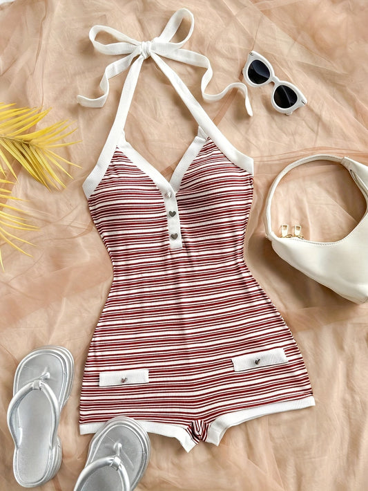 Combinaison short d'été femme style rétro chic à rayures pour loisirs et plage