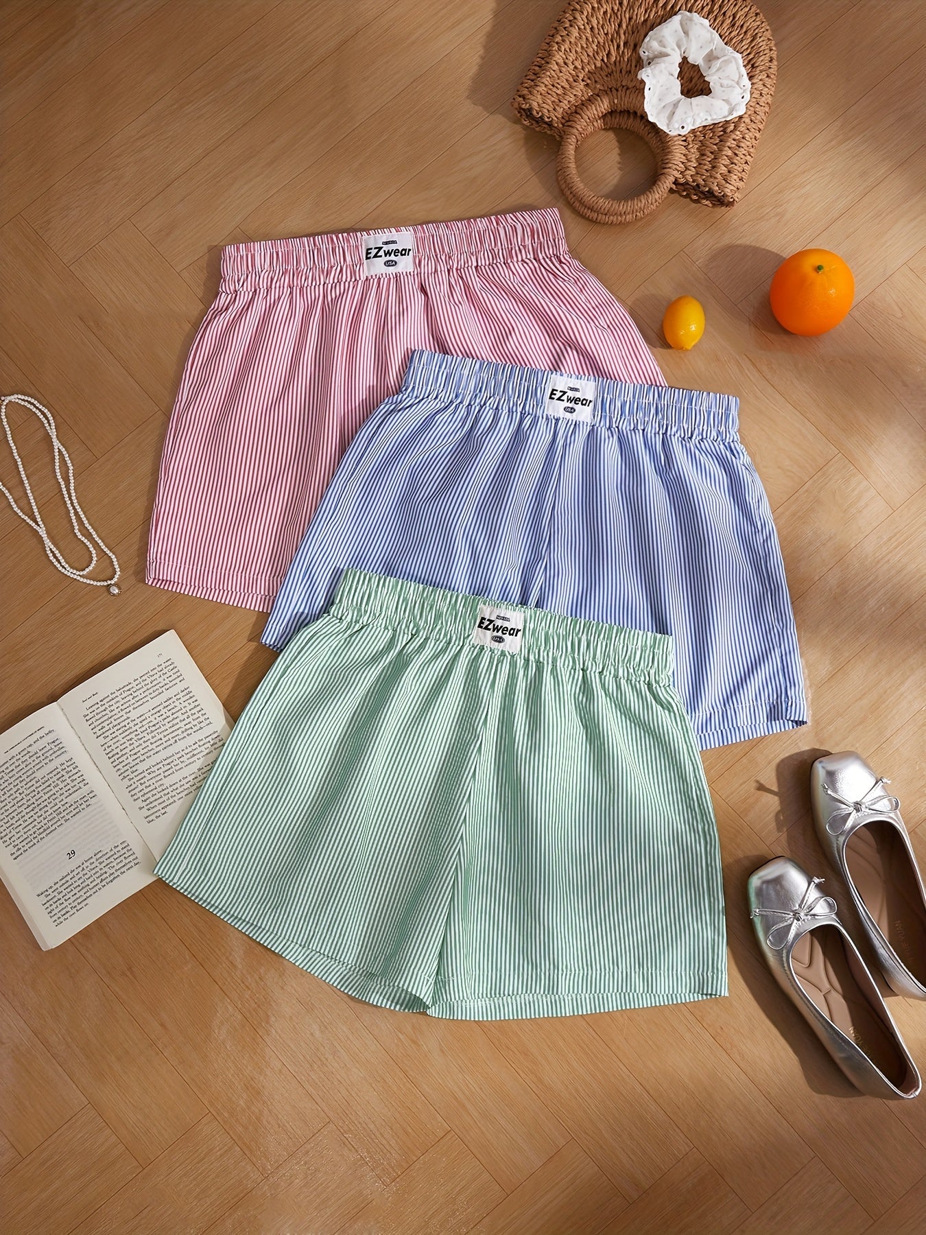 Shorts décontractés à rayures pour femme, lot de 3, style confortable pour la maison ou l'été