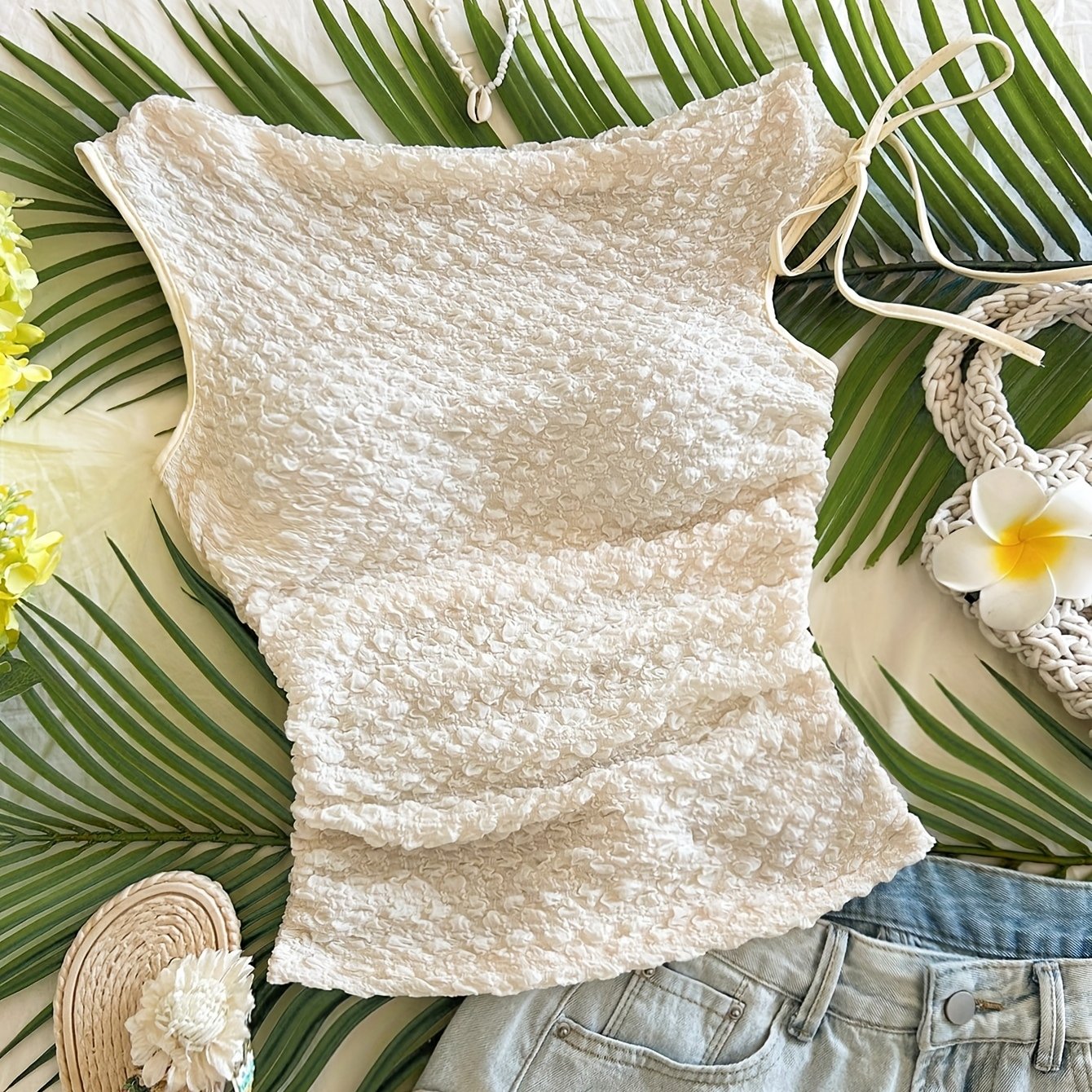Top donna chic testurizzato con scollo a barca per vacanze e spiaggia