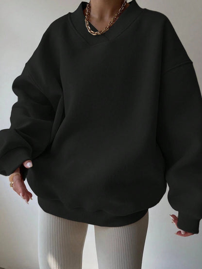 Pull col V femme noir décontracté manches longues