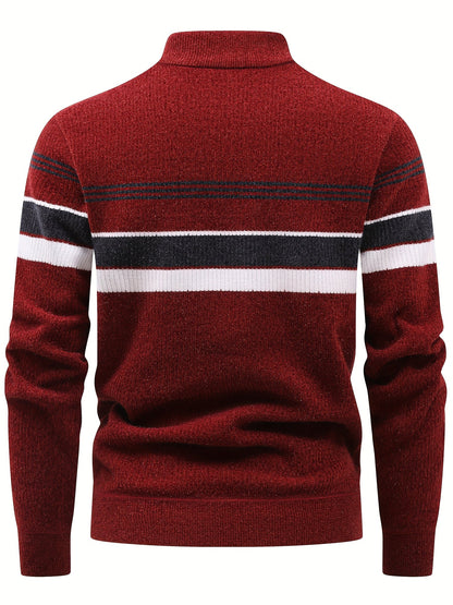 Pull Homme Col Montant Zippé Rayures Horizontales Beige Chaud