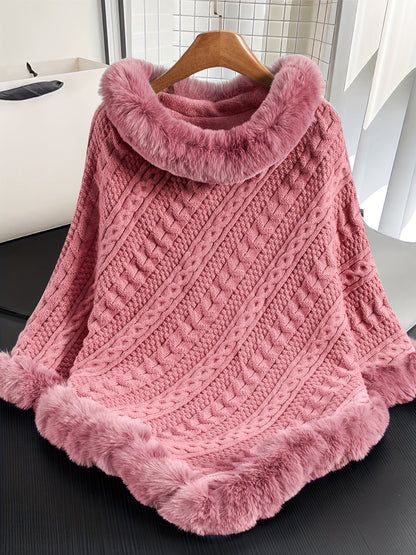 Poncho Femme Tricoté Bleu Marine avec Col et Bordure en Fourrure Synthétique