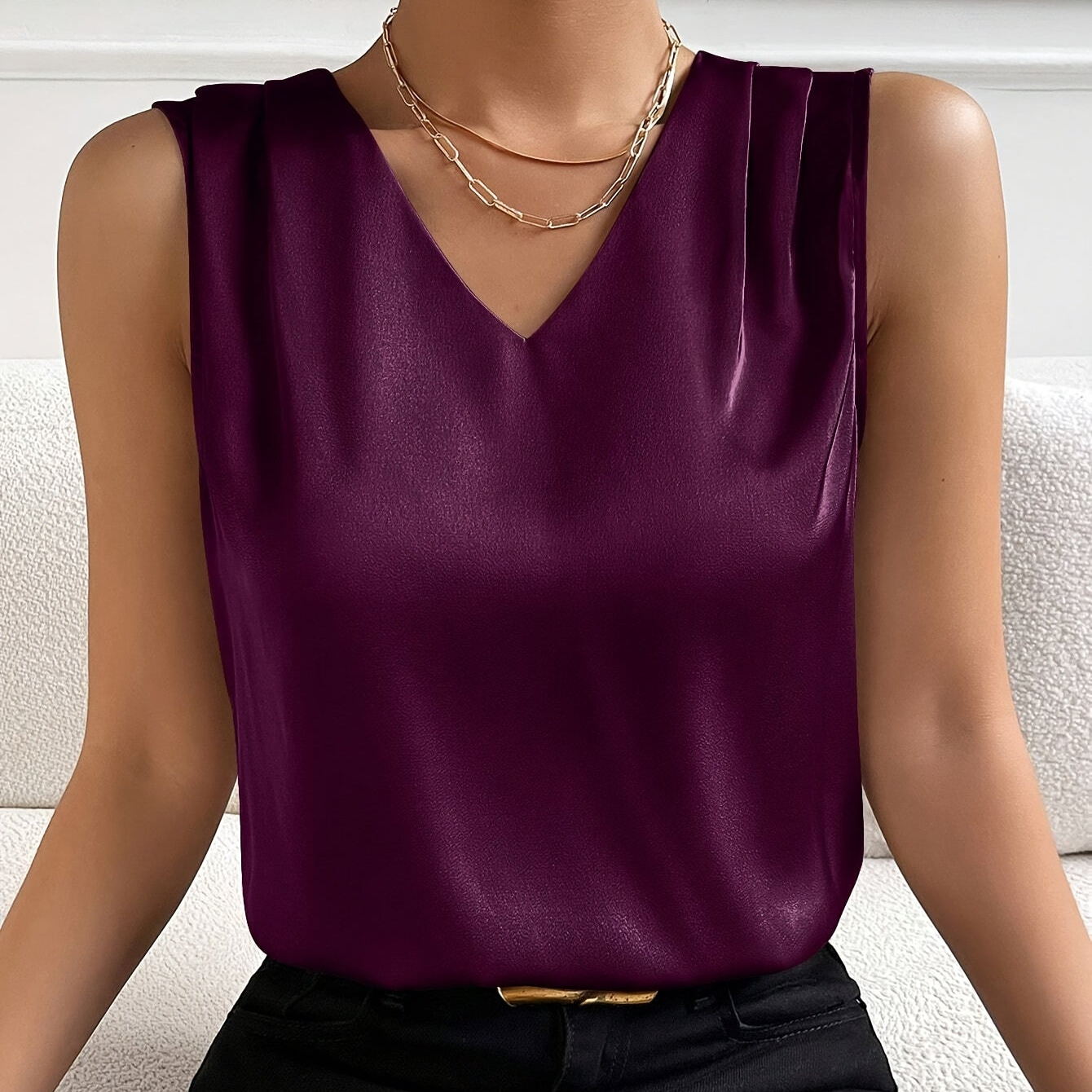 Top elegante senza maniche con scollo a V per donna – Top chic per uso quotidiano o ufficio