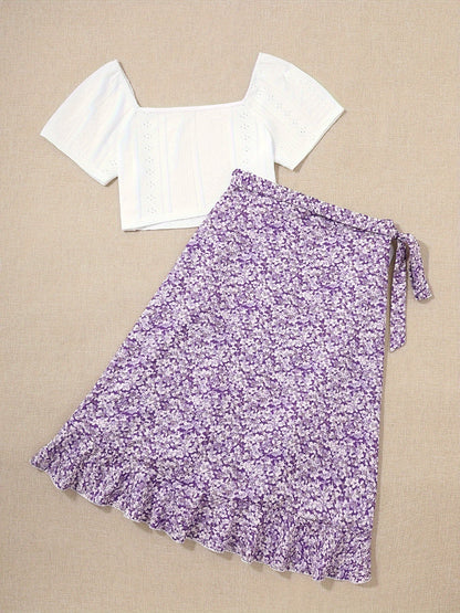 Women's Boho Chic Set – Short Sleeve Crop Top and Floral Wrap Skirt