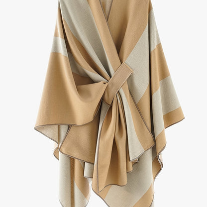 Poncho Cape Femme Rayé Bicolore avec Nœud Décoratif Doux