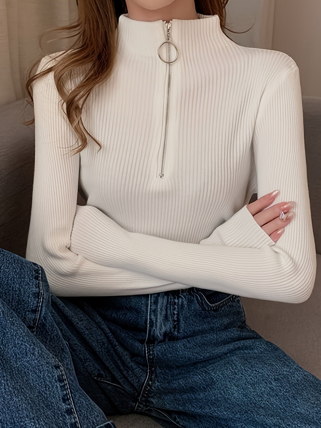 Women's Ribbed Half-Zip Mock Neck Fitted Sweater