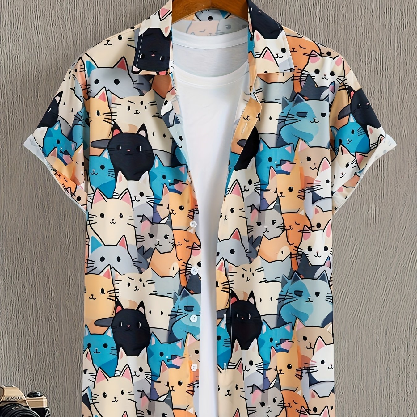Chemise homme décontractée à manches courtes imprimé chats style ludique