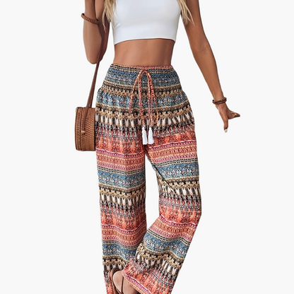 Pantaloni larghi stile bohémien da donna, stampa geometrica, vita elasticizzata, ideali per vacanze e estate