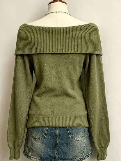Pull Femme Épaules Dénudées Vert Kaki Tricot Doux Col Rabattu