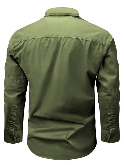 Chemise Homme Boutonnée Manches Longues à Poches Zippées Style Cargo Militaire