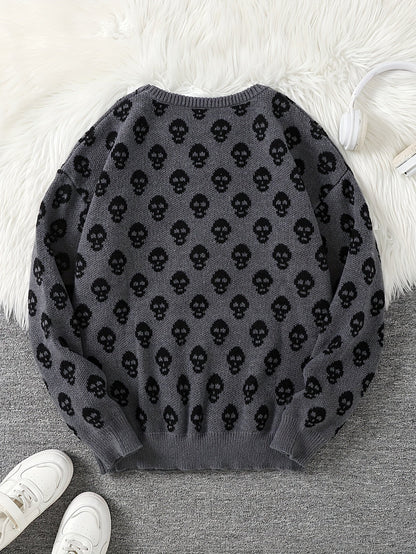Pull col rond à motif têtes de mort en tricot doux