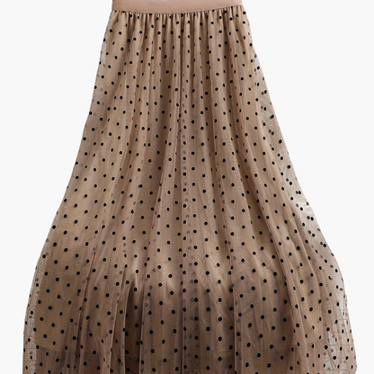Gonna midi elegante a pois da donna, stile svasato chic, ideale per primavera ed estate