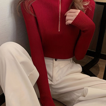 Women's Ribbed Half-Zip Mock Neck Fitted Sweater