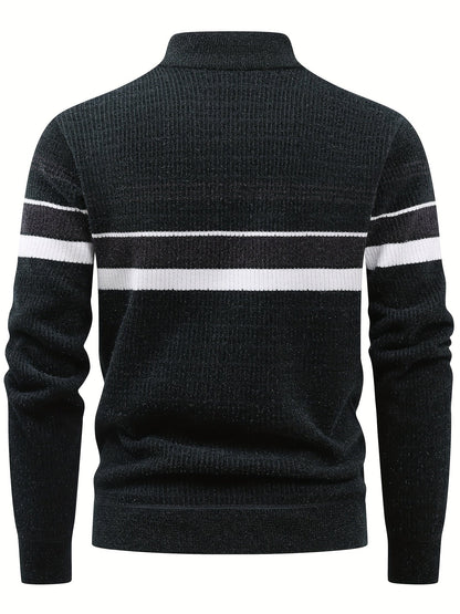 Pull Homme Col Montant Zippé Rayures Horizontales Beige Chaud