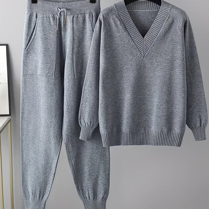 Ensemble pull col V et pantalon jogger, tricot doux, beige clair
